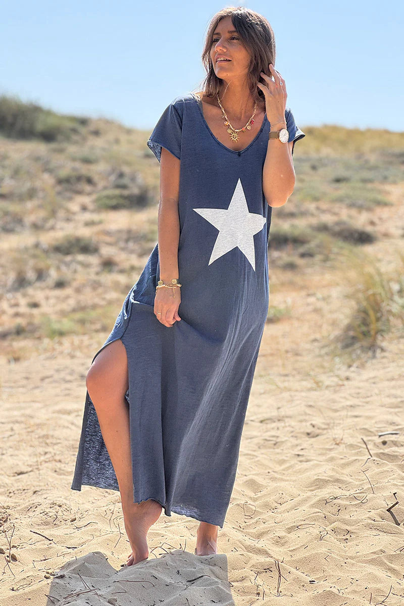 Navy Blue Star Tshirt Maxi Dress