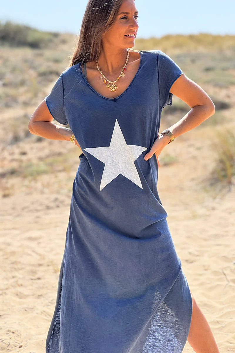 Navy Blue Star Tshirt Maxi Dress