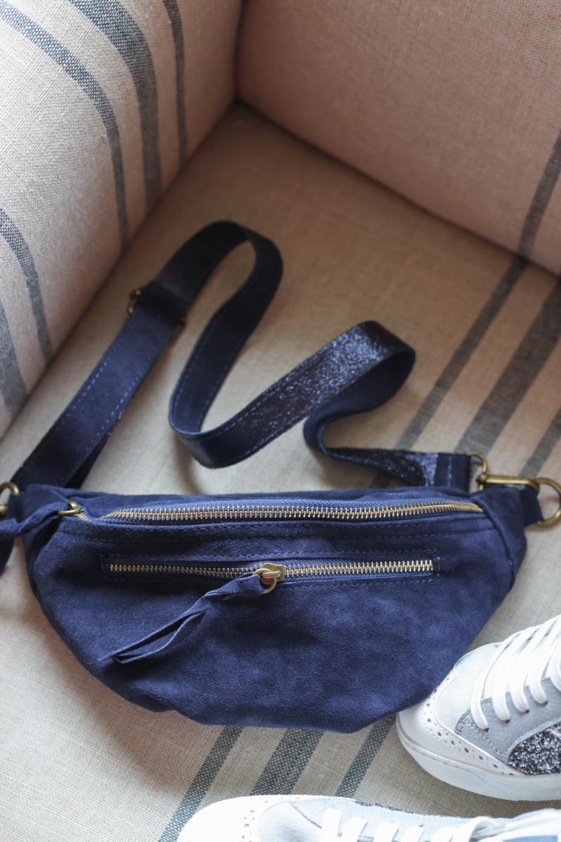 Navy blue suede leather bumbag fanny pack gold double zip