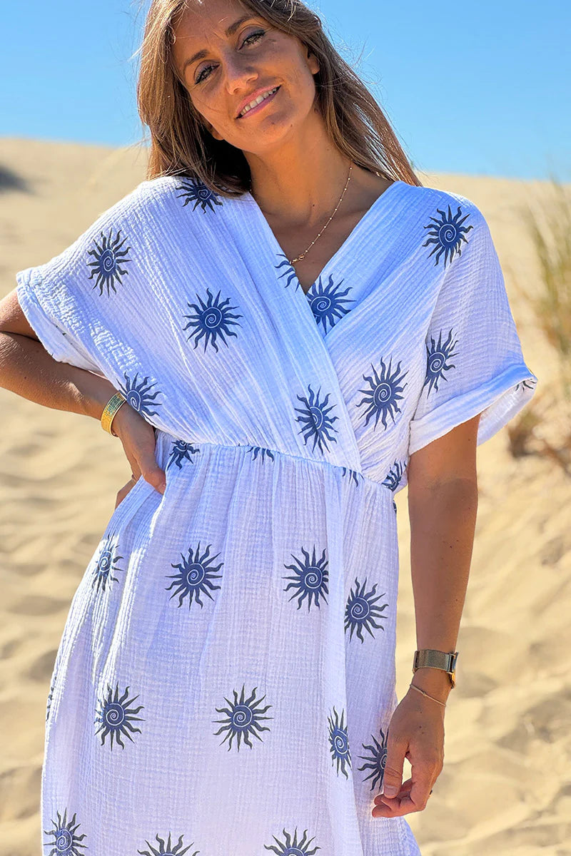 Navy Blue Sunburst Gauze Dress