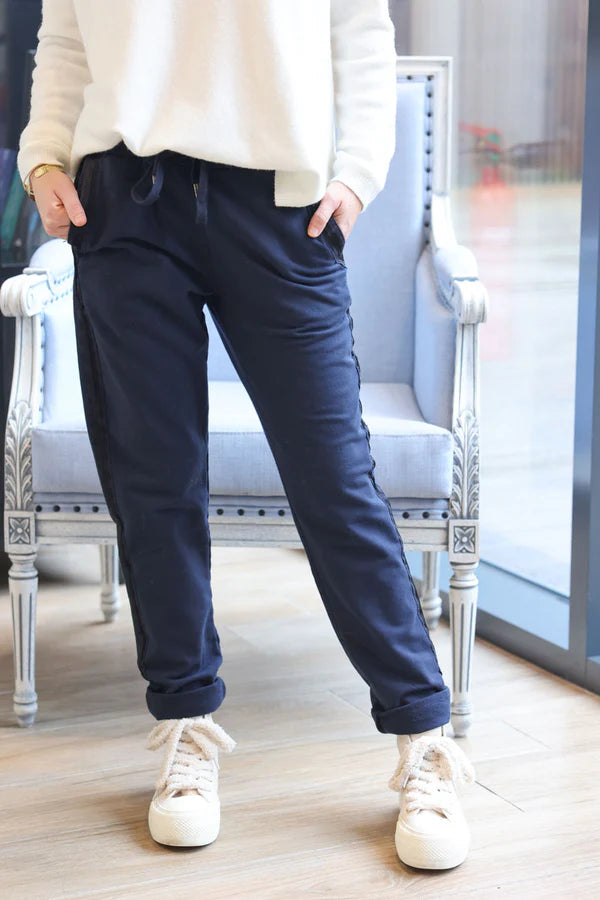 Navy Blue Sweatpants with Satin Outseams