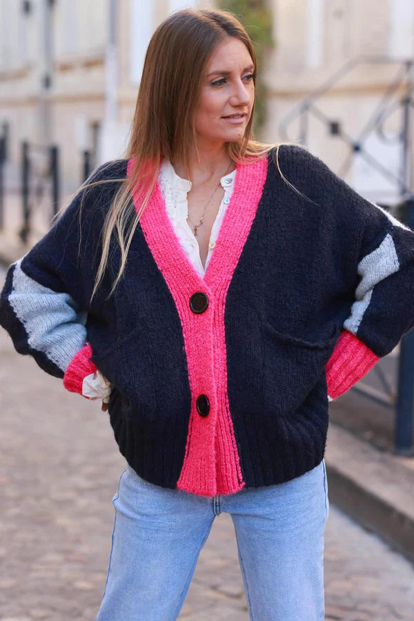 Navy blue Sweater Knit Cardigan with Fuchsia Trim