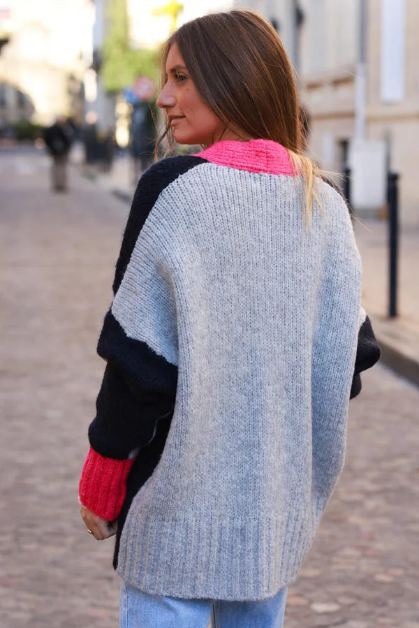 Navy blue Sweater Knit Cardigan with Fuchsia Trim