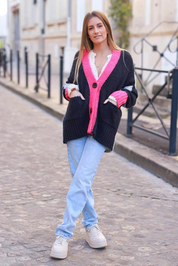 Navy blue Sweater Knit Cardigan with Fuchsia Trim