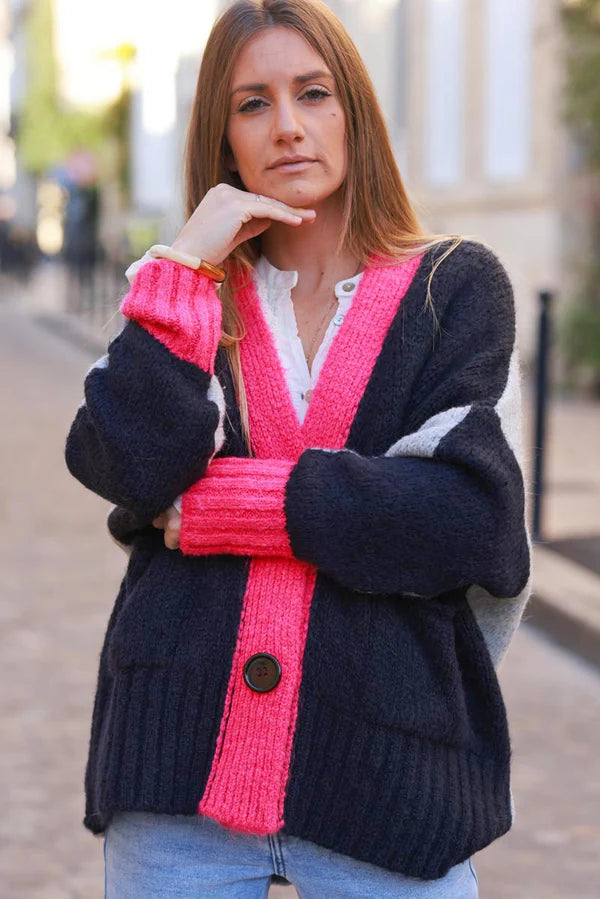 Navy blue Sweater Knit Cardigan with Fuchsia Trim