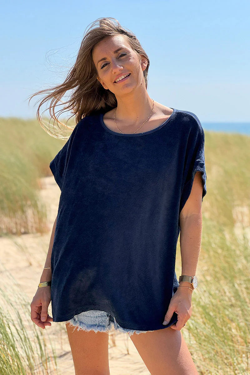 Navy Blue Terry Cloth Blouse