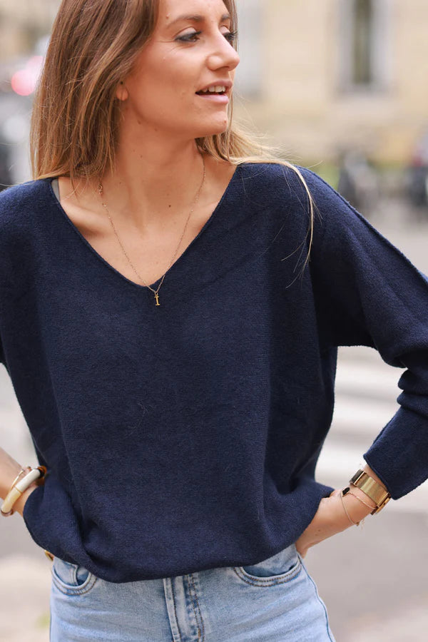 Navy blue ultra-soft, Viscose Blend V-Neck Sweater