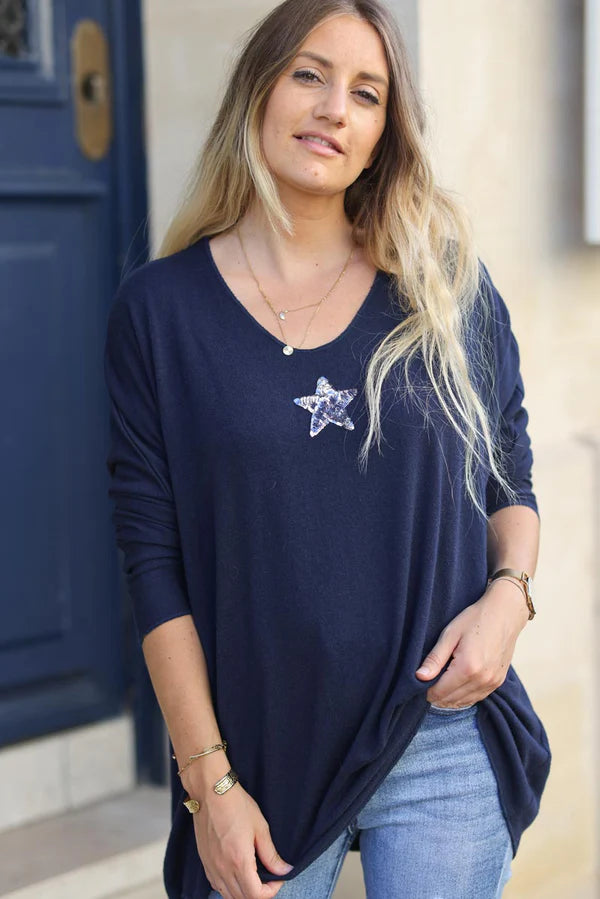 Navy blue V-neck small Star Sequin Sweater