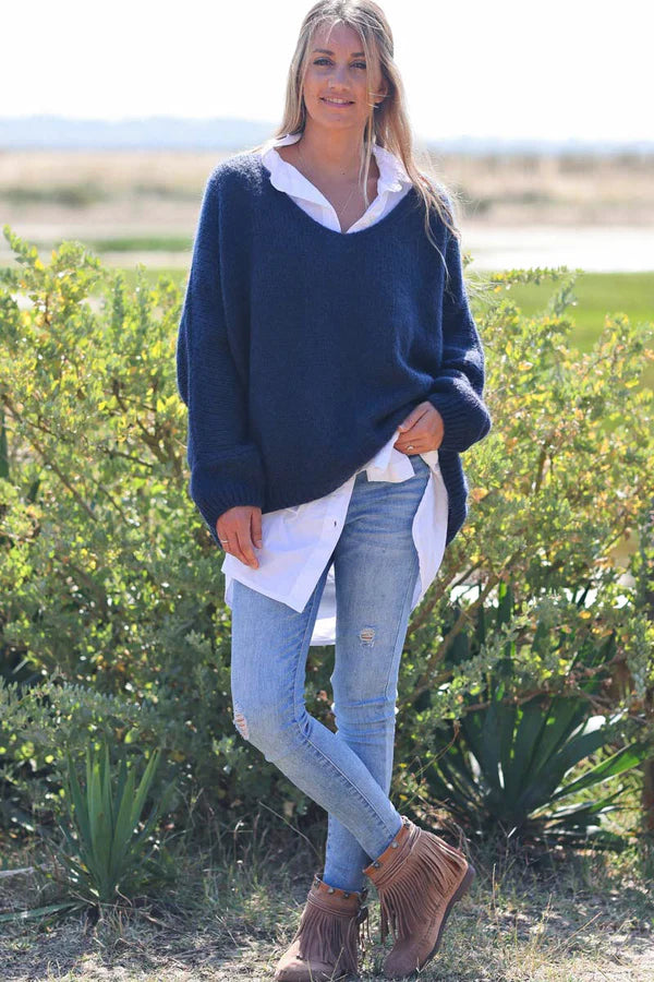 Navy blue Woollen V-Neck Sweater with Batwing Sleeves