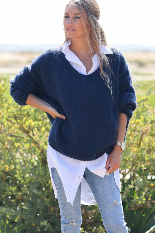 Navy blue Woollen V-Neck Sweater with Batwing Sleeves