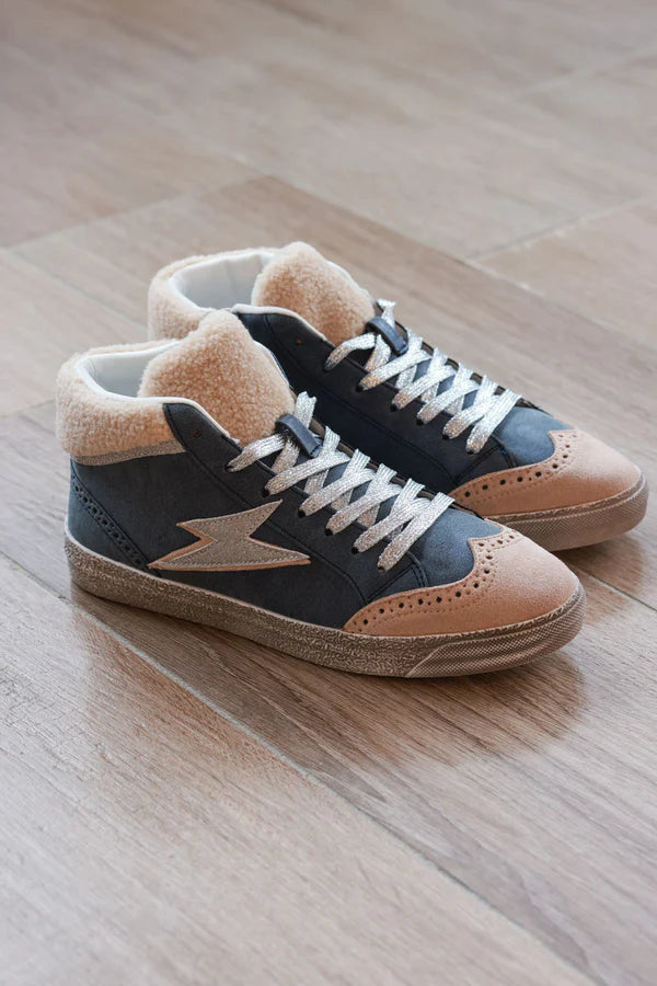 Navy Glitter Bolt and Sherpa High-Top Sneakers