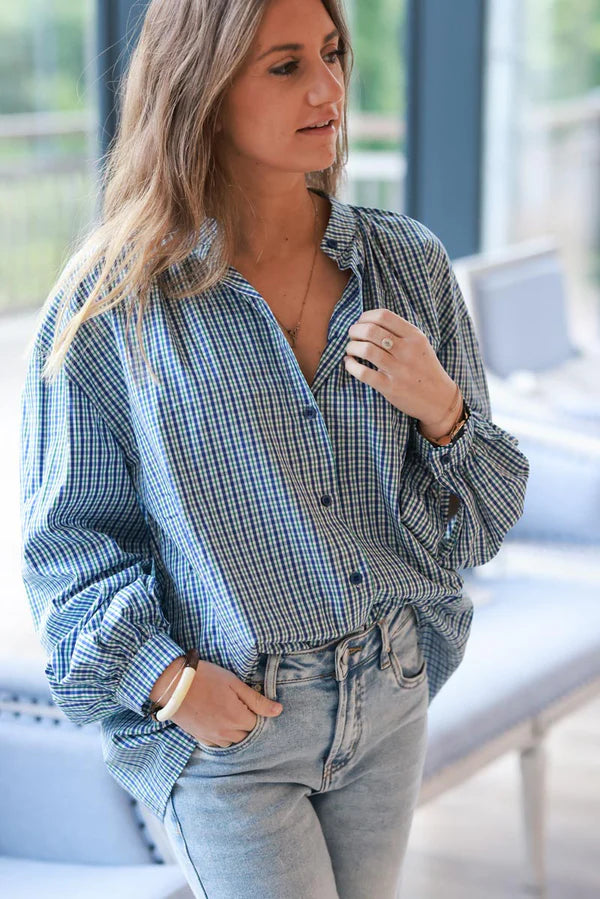 Navy and Green Plaid Cotton Button-Down Blouse