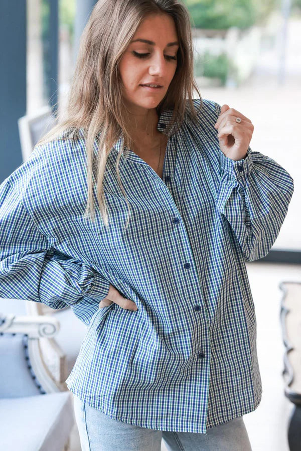 Navy and Green Plaid Cotton Button-Down Blouse