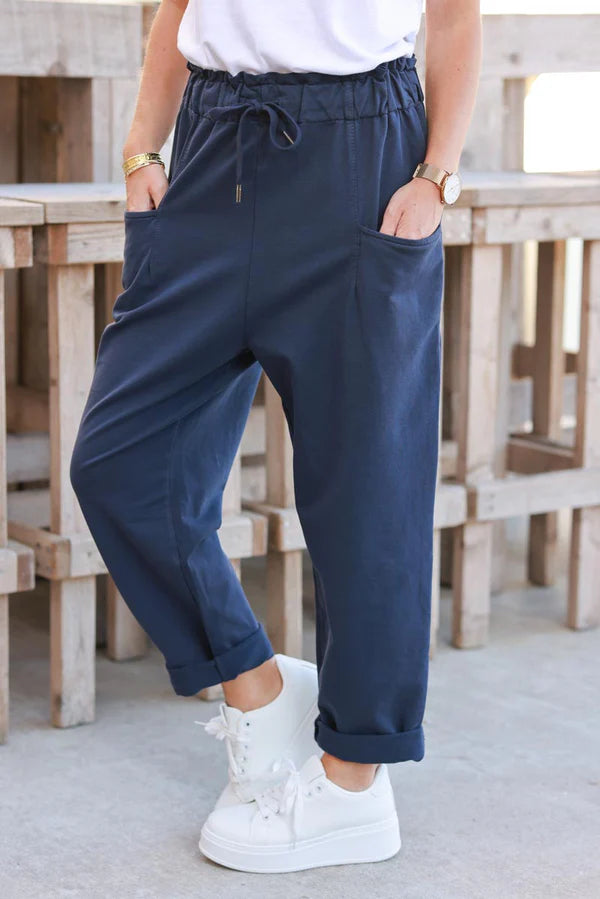 Navy Stretch Jersey Knit Cuffed Trousers