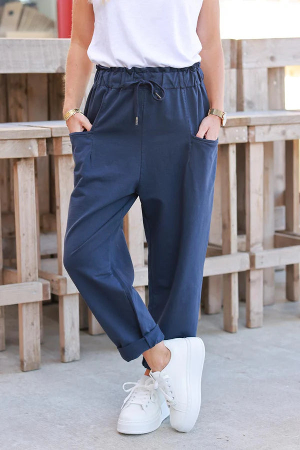 Navy Stretch Jersey Knit Cuffed Trousers