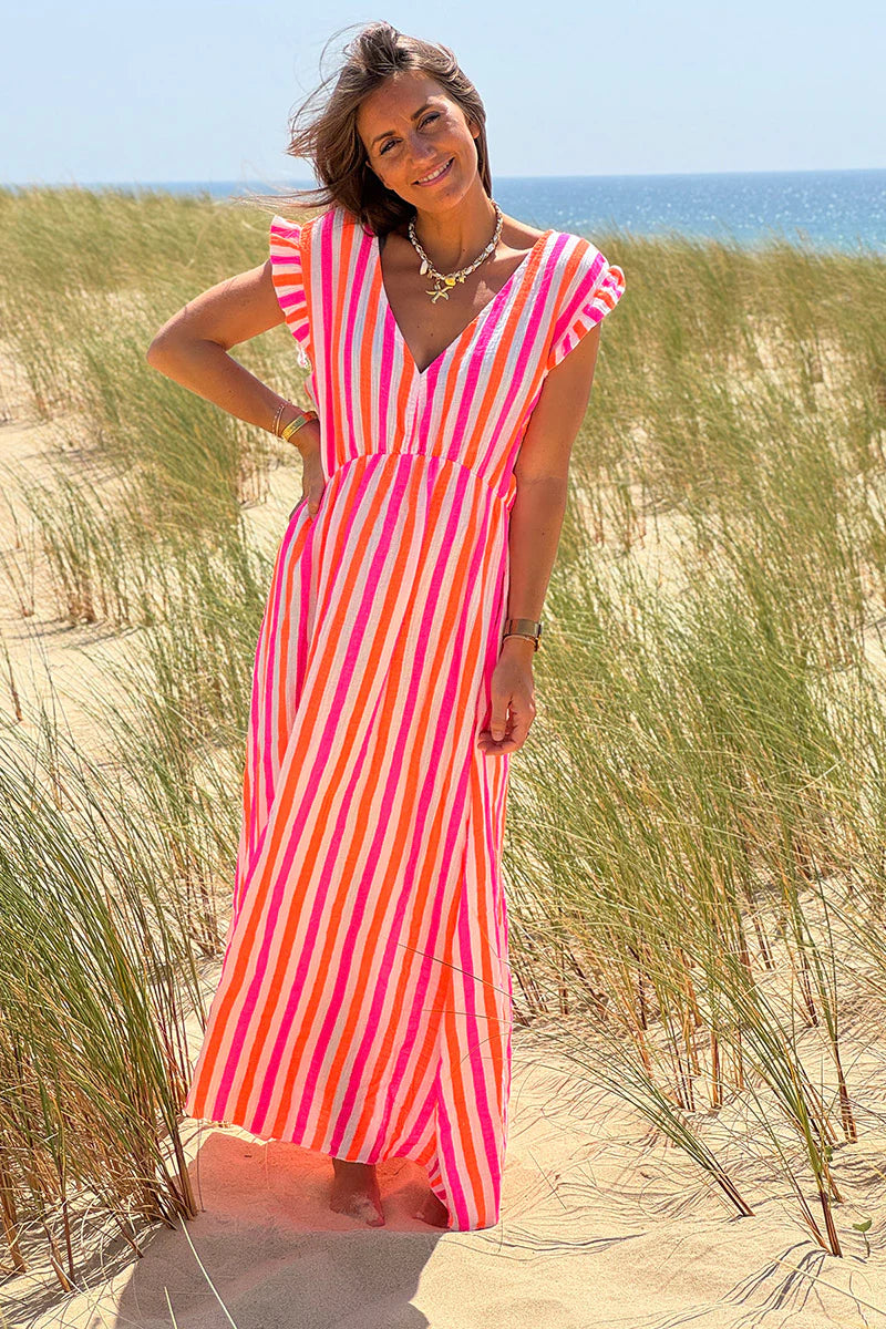 Neon Pink Stripe Gauze Flutter Sleeve Maxi Dress