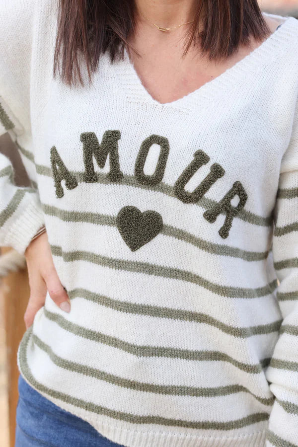 Off white and Olive Striped Sweater with Amour in Boucle