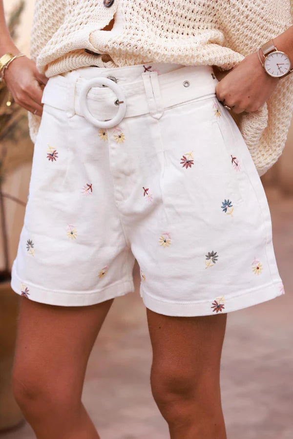 Off white Embroidered Floral Belted Shorts