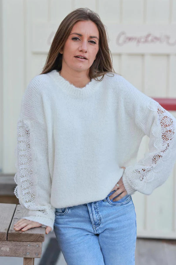 Off White Lace Sleeve Knit Sweater