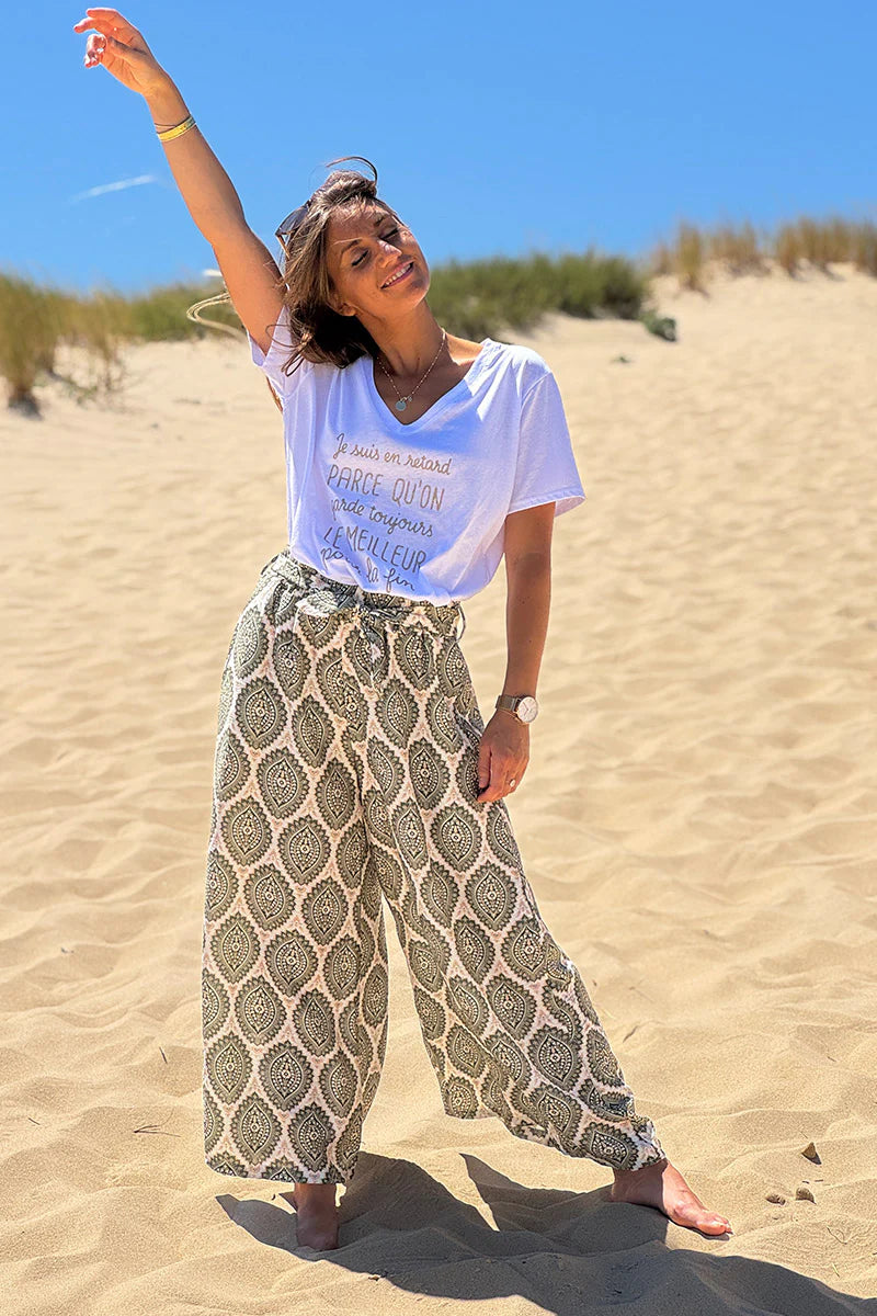 Olive Batik Medallions Belted Pull-On Pants