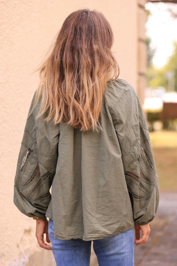 Olive Blouse with Open Crochet Sleeves