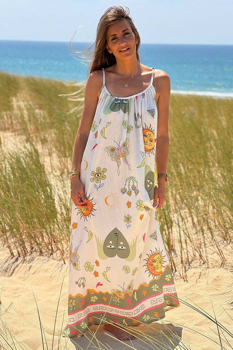Olive Boho Hearts Print Maxi Dress