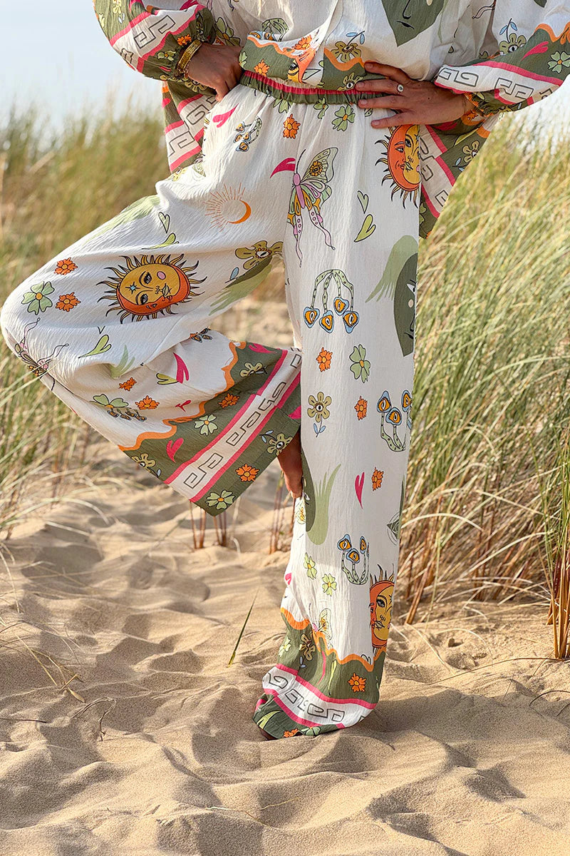 Olive Border Print Mystical Heart Boho Pull-On Pants