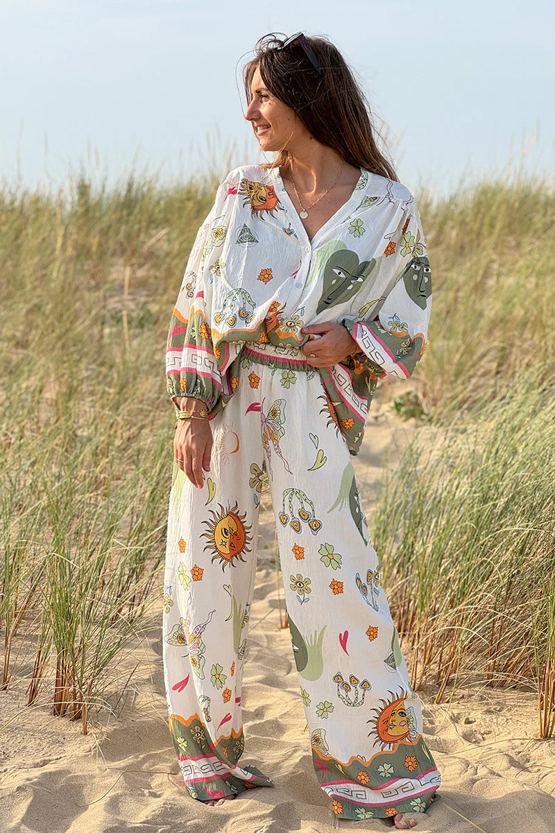 Olive Border Print Mystical Heart Boho Pull-On Pants