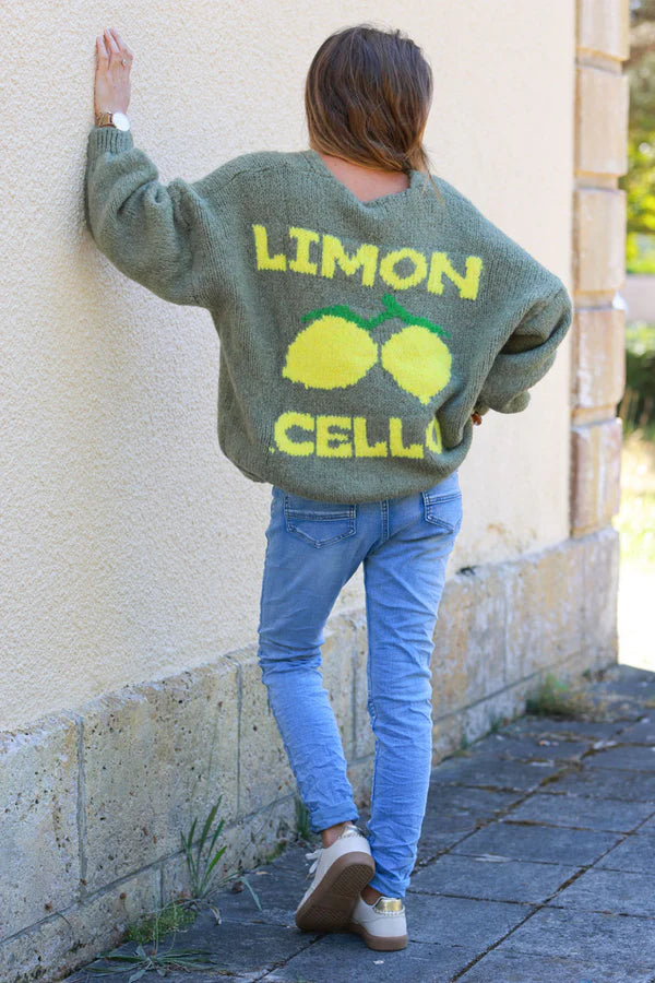 Olive Chunky Knit Cardigan with Lemon 'limoncello' back pattern