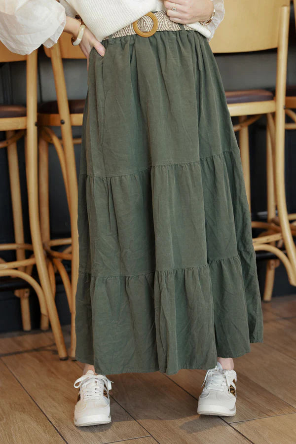 Olive Corduroy Tiered Skirt with Belt