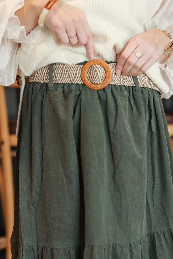 Olive Corduroy Tiered Skirt with Belt