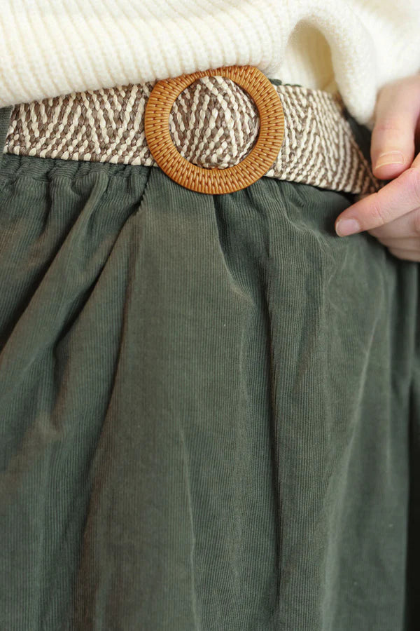 Olive Corduroy Tiered Skirt with Belt