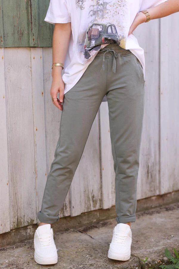 Olive Cotton Comfort Sweatpants with Silver Glitter Seams