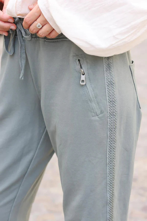 Olive Cotton Sweatpants Bottoms with Embroidered Cheveron Outseams