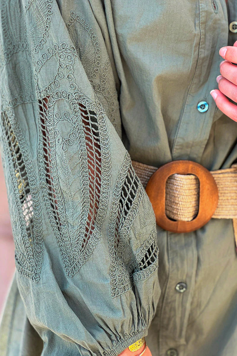 Olive Crochet Sleeve Button-Down Tunic Dress