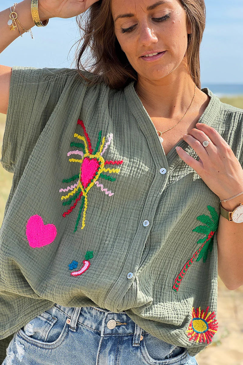 Olive Embroidered Gauze Button-Down Blouse
