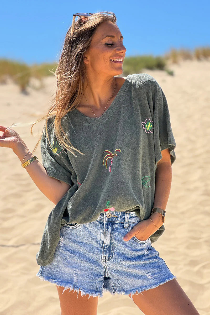 Olive Embroidered Terry V-Neck Top