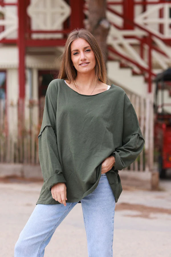 Olive Exposed Seam Long-Sleeve Tee