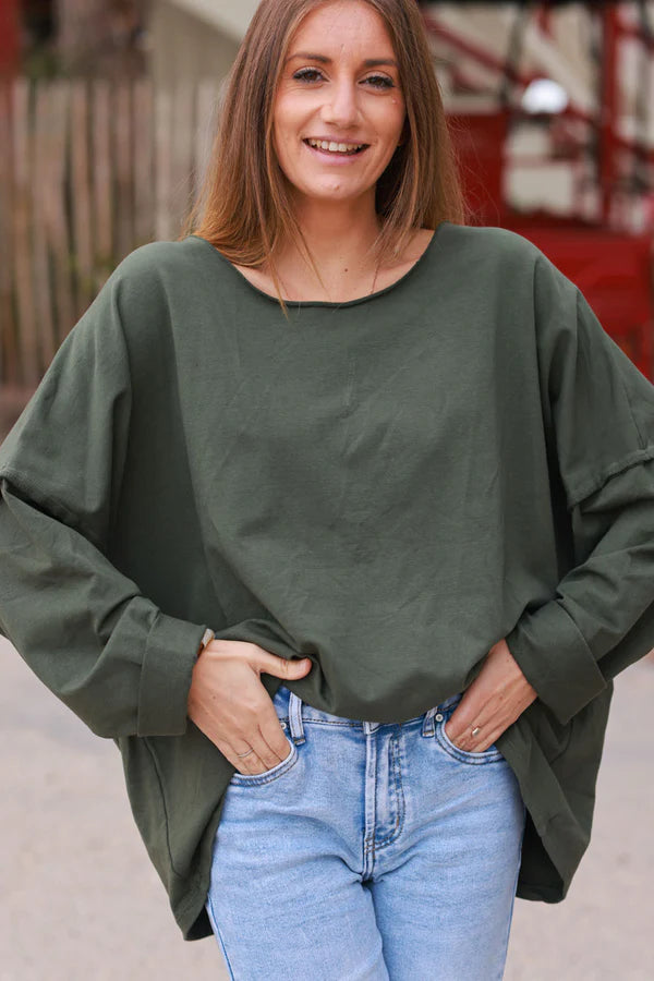 Olive Exposed Seam Long-Sleeve Tee