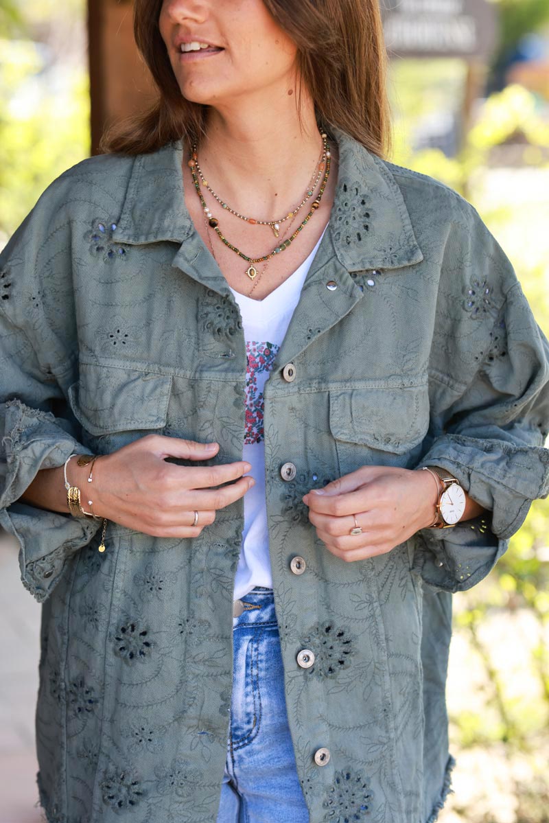 Olive Eyelet Motif Utility Jacket