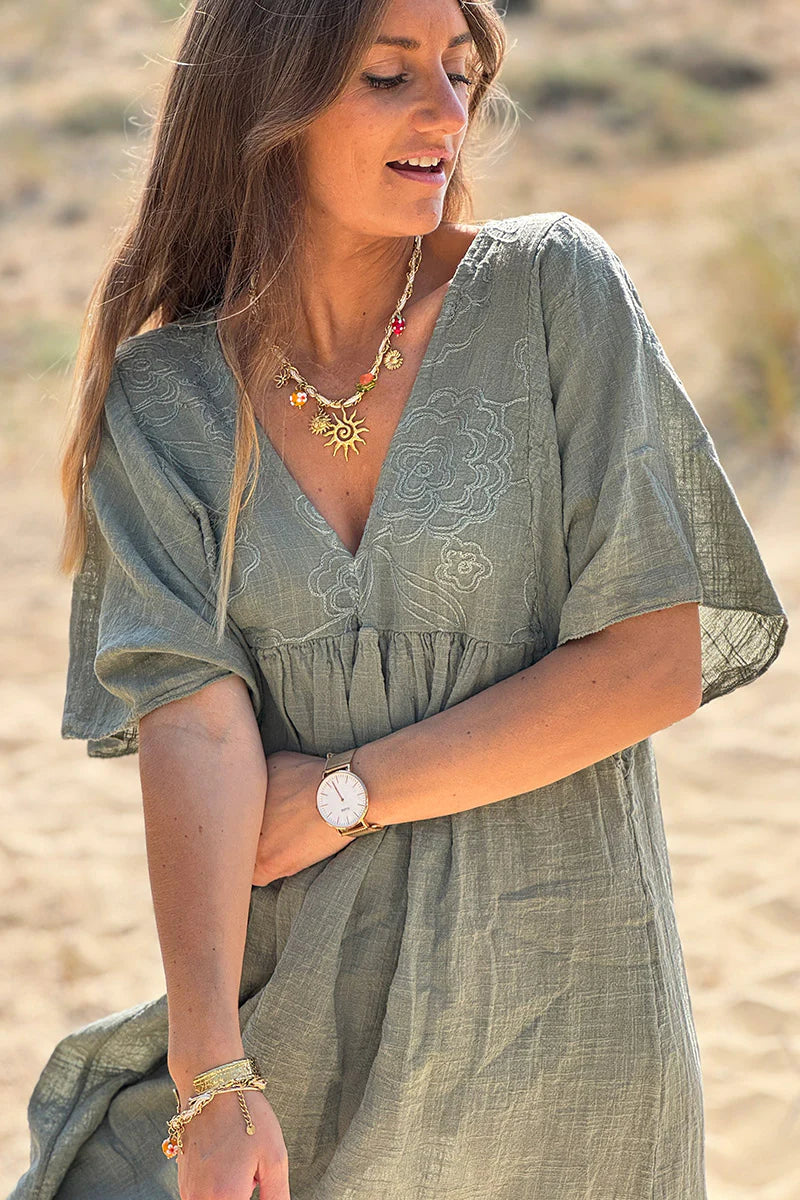 Olive Floral Embroidered Gauze V-Neck Mini Dress