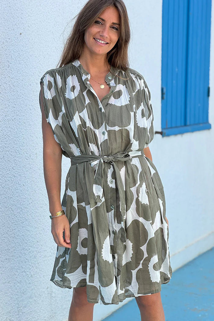 Olive Floral Sleeveless Belted Cream Dress