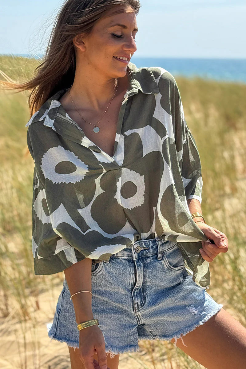 Olive Flower Power Poplin Tunic