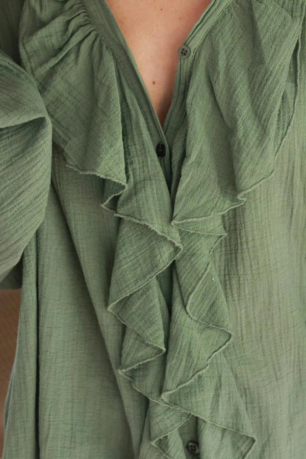 Olive Gauze Ruffle Front Blouse