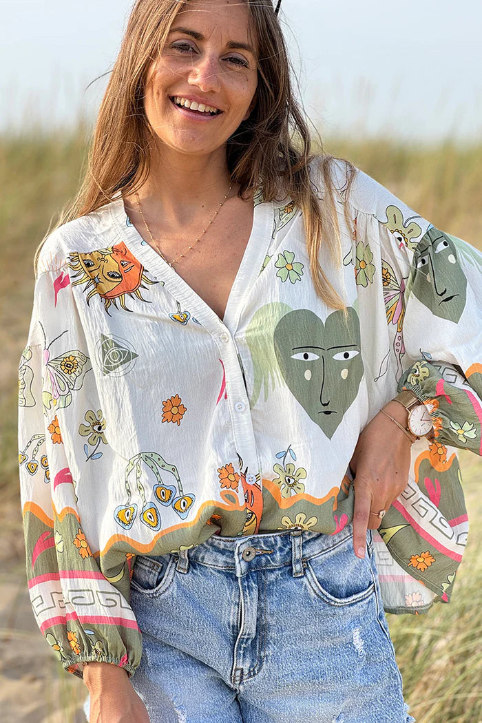Olive Border Print Mystical Heart Boho Blouse