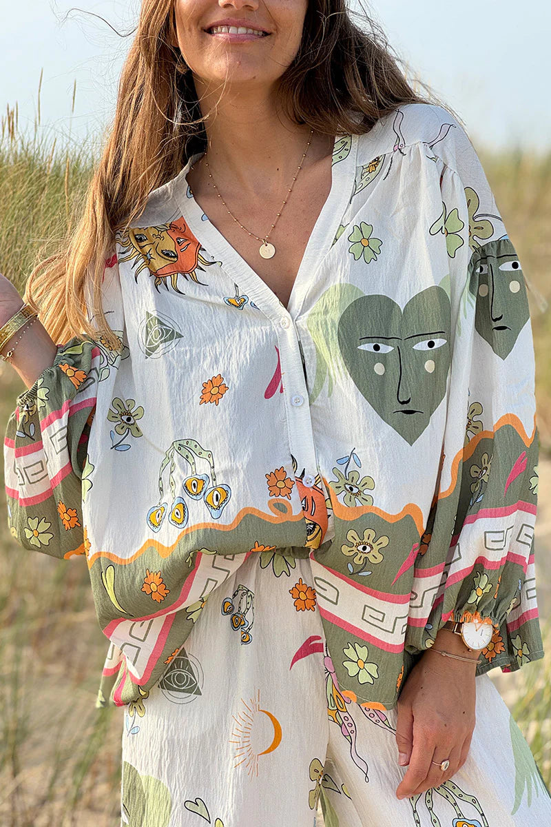 Olive Border Print Mystical Heart Boho Blouse