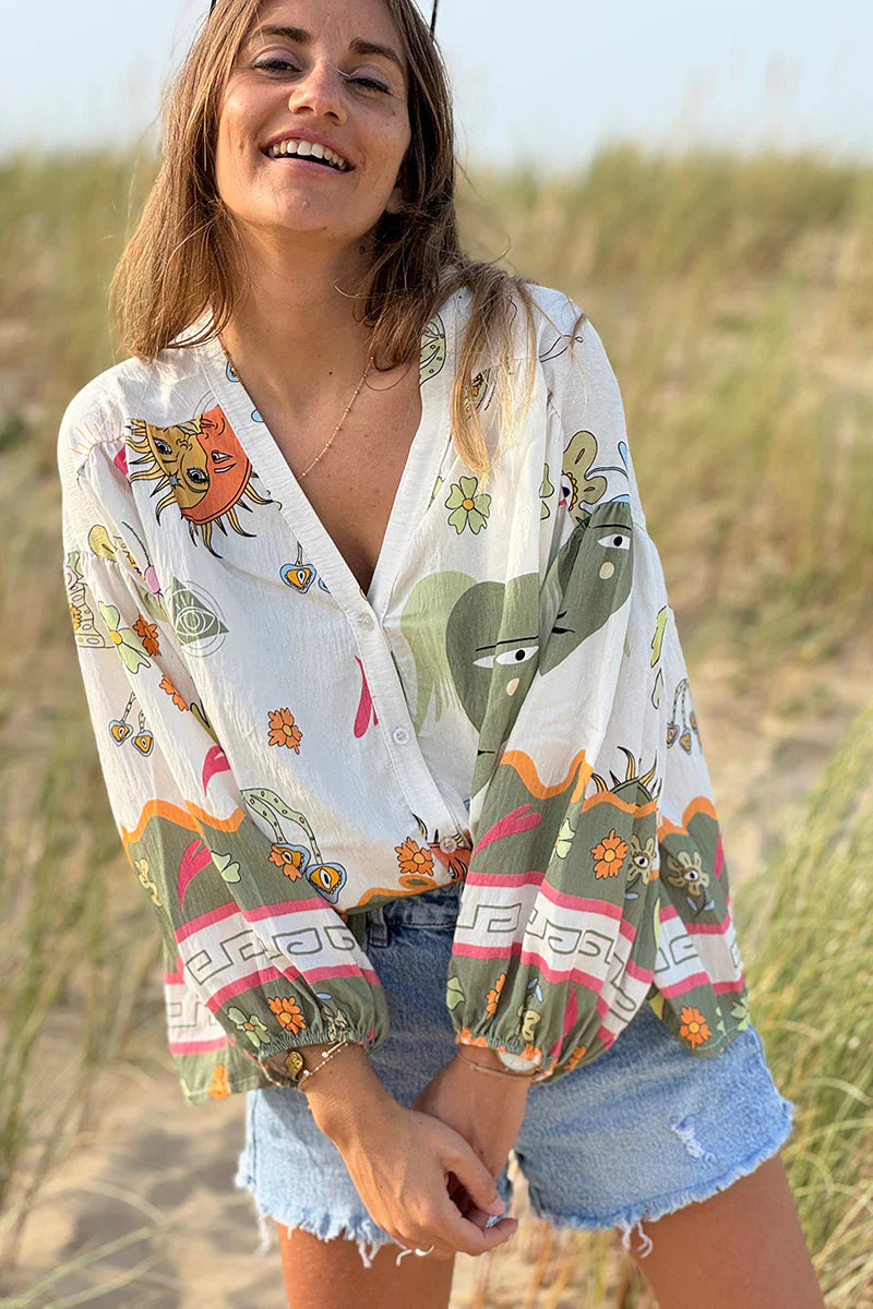 Olive Border Print Mystical Heart Boho Blouse