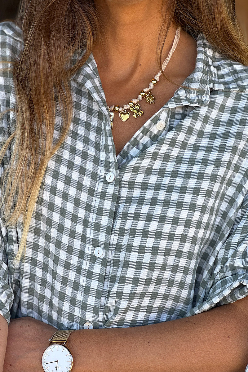 Olive Gingham Button-Down Blouse