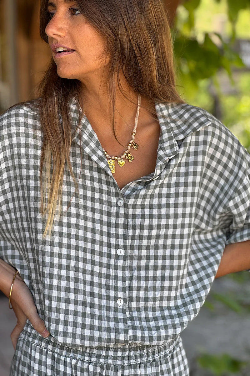 Olive Gingham Button-Down Blouse