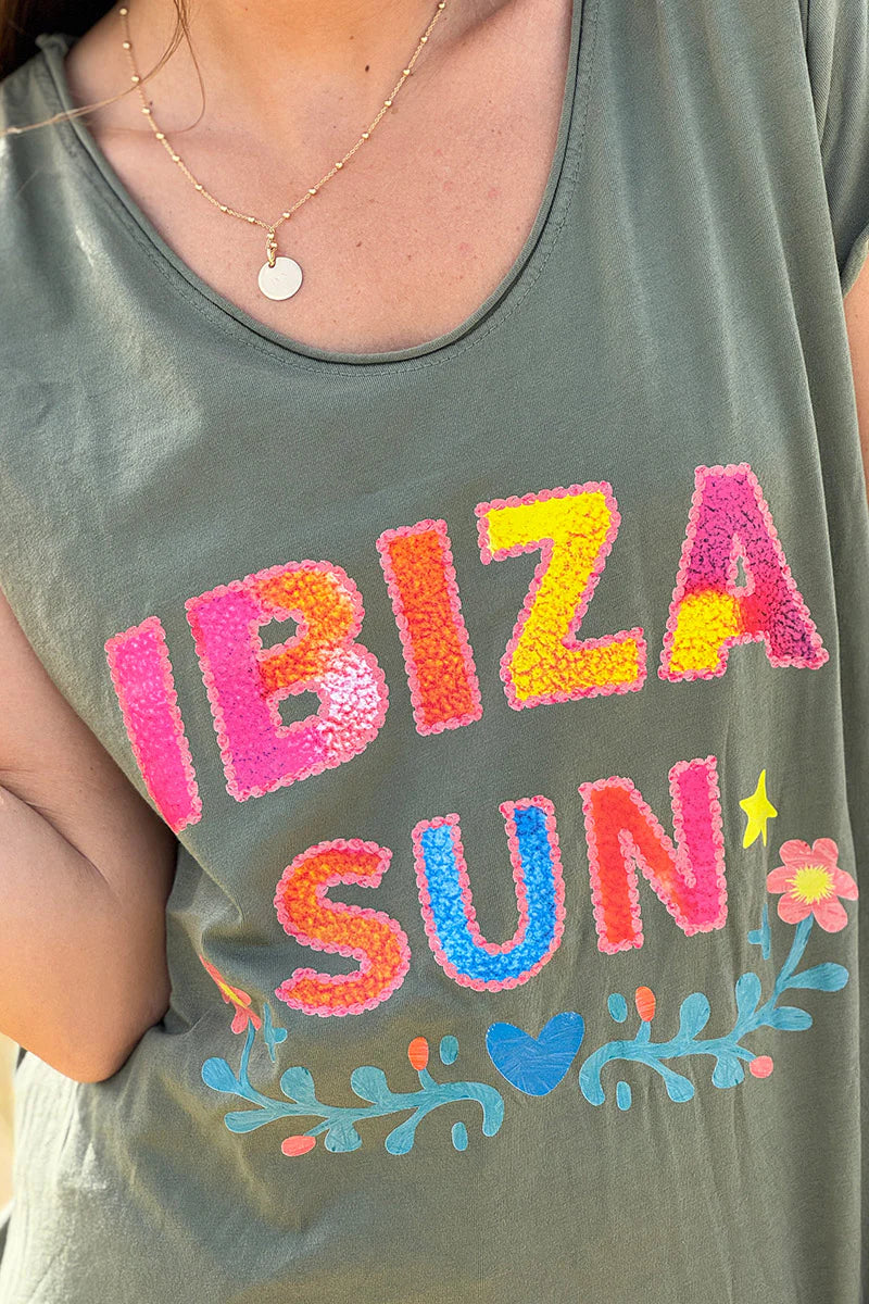 Tshirt en coton kaki Ibiza Sun coloré col v